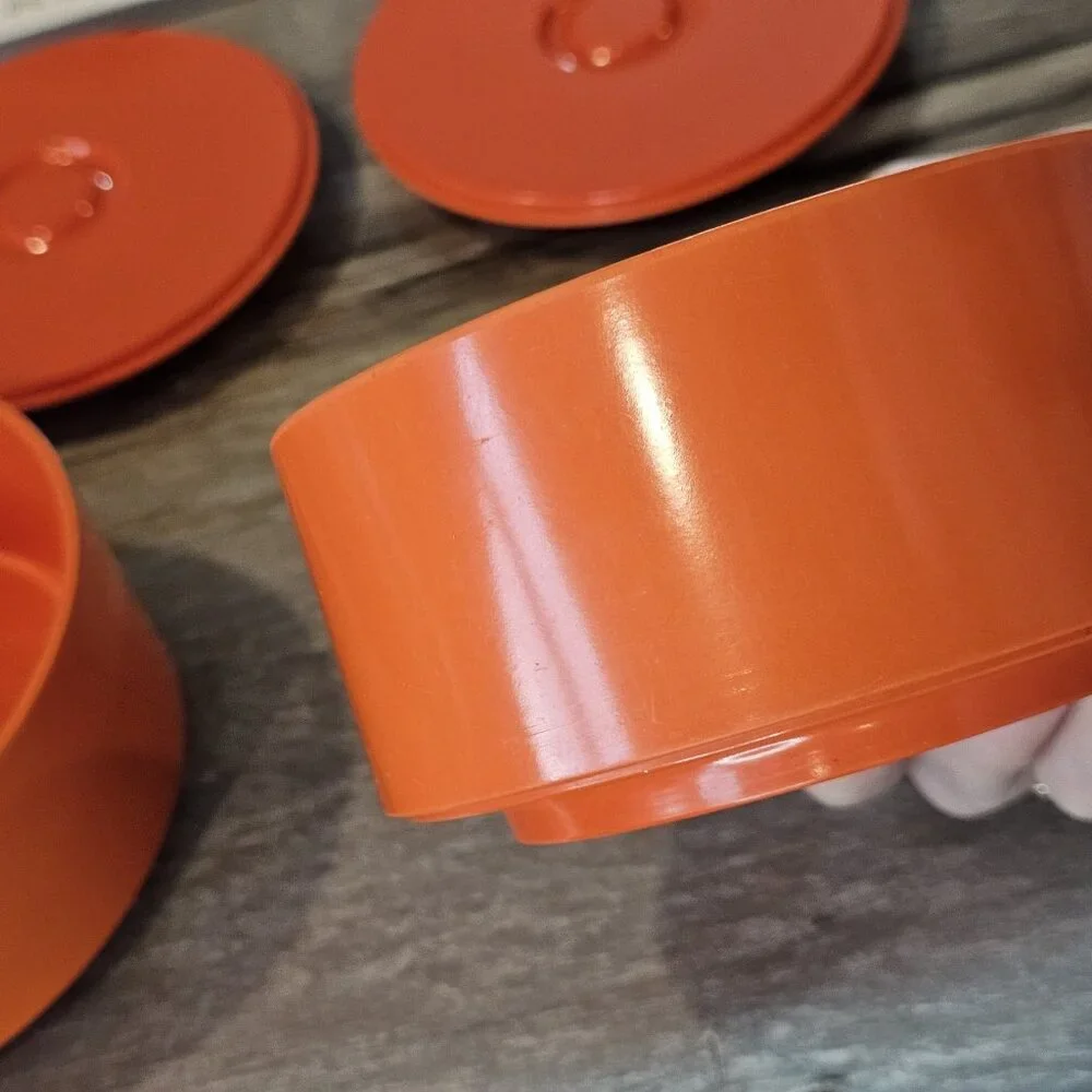MCM 2 HELLER Bowls Finger Lid Vibrant Orange Massimo Vignelli Melamine 1 Cracked